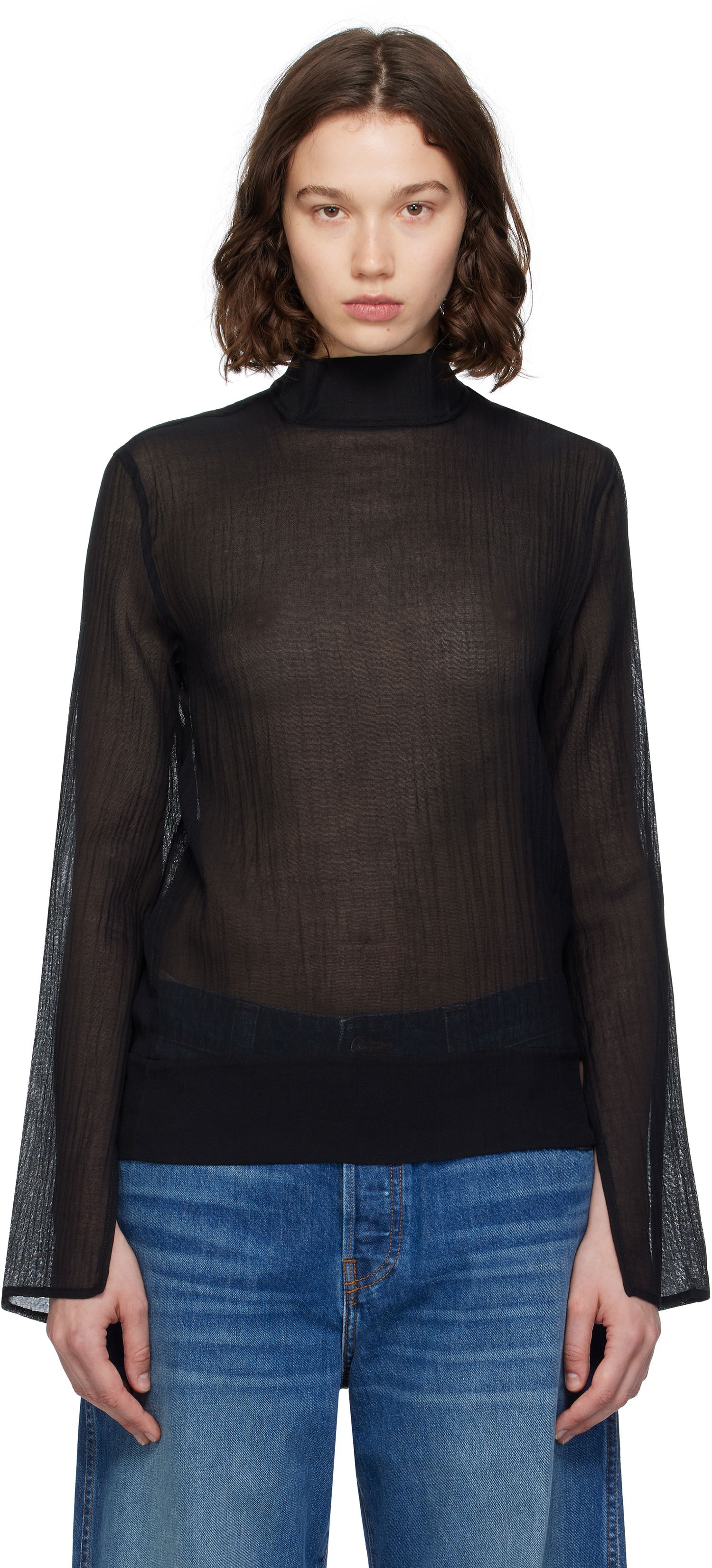 Skjorta TOTEME TOTEME Slit Sleeve Mock Neck Blouse Svart | 253-WRT0546-FB0462, 0