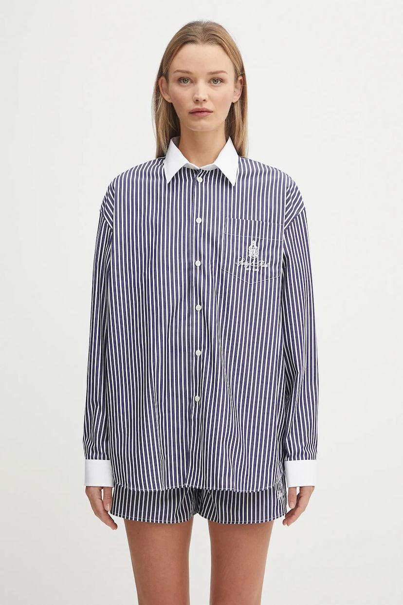 Skjorta Sporty & Rich Sporty & Rich Vendome Oversized Relaxed Striped Cotton Shirt with Classic Collar Mörkblå | SI019602231ST02