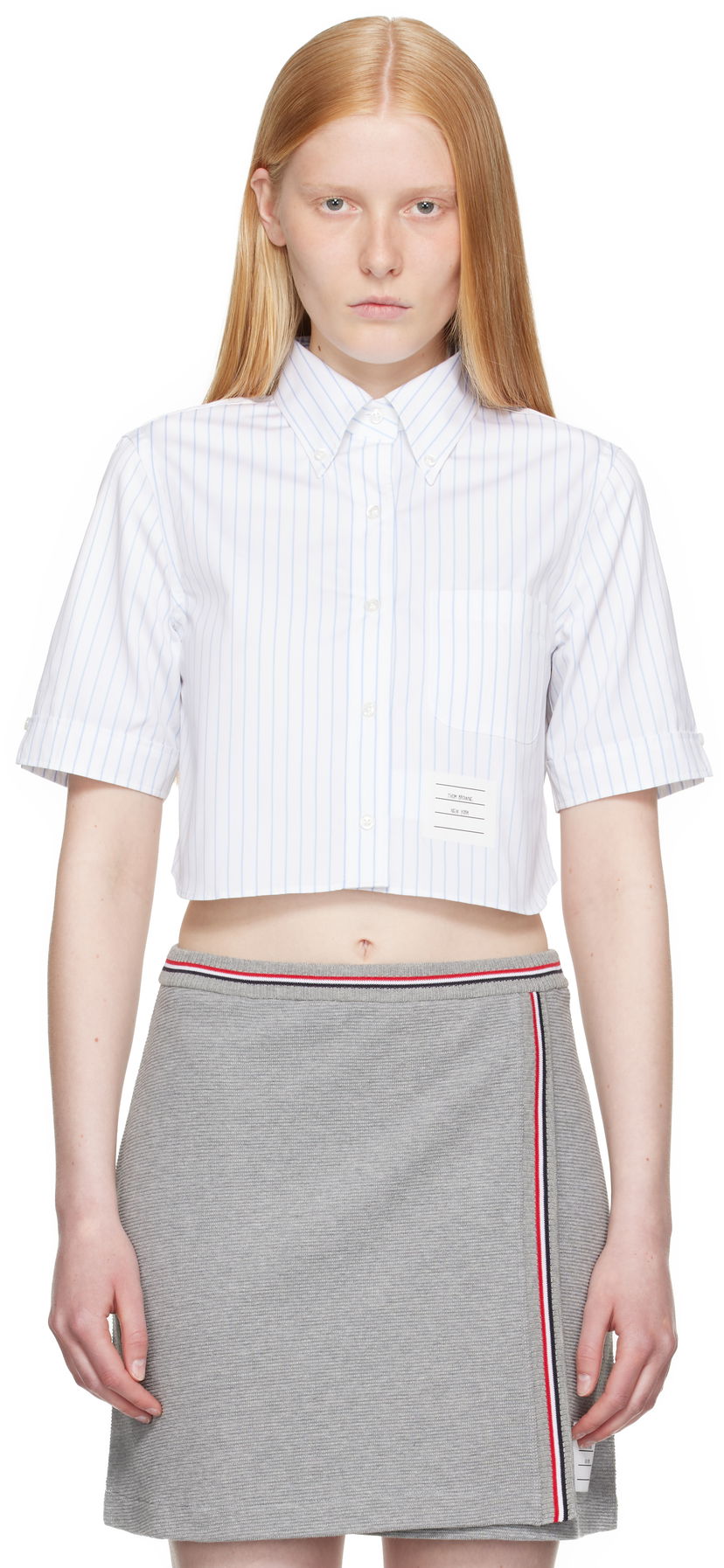 Skjorta Thom Browne Thom Browne Pinstripe Poplin Cropped Short Sleeve Shirt Vit | FLL205A-F0916