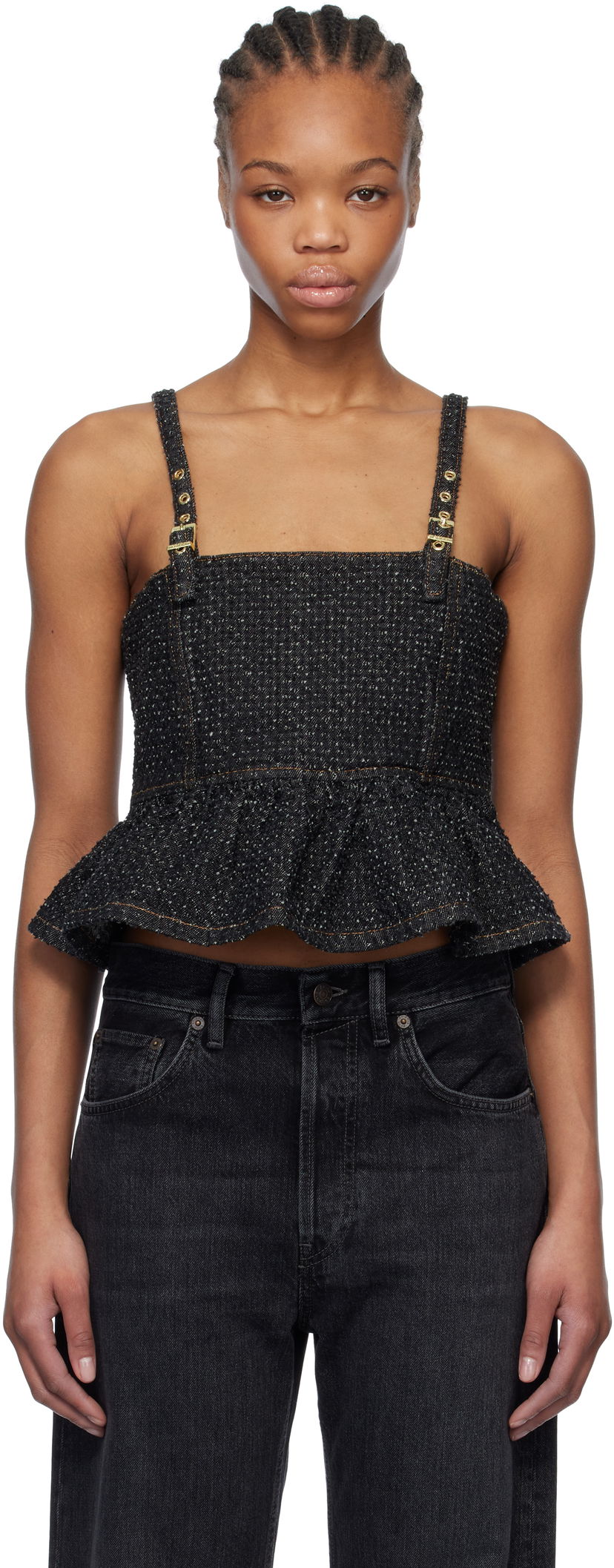 Crop top GANNI Ganni Fluffy Denim Strap Top Svart | J1615