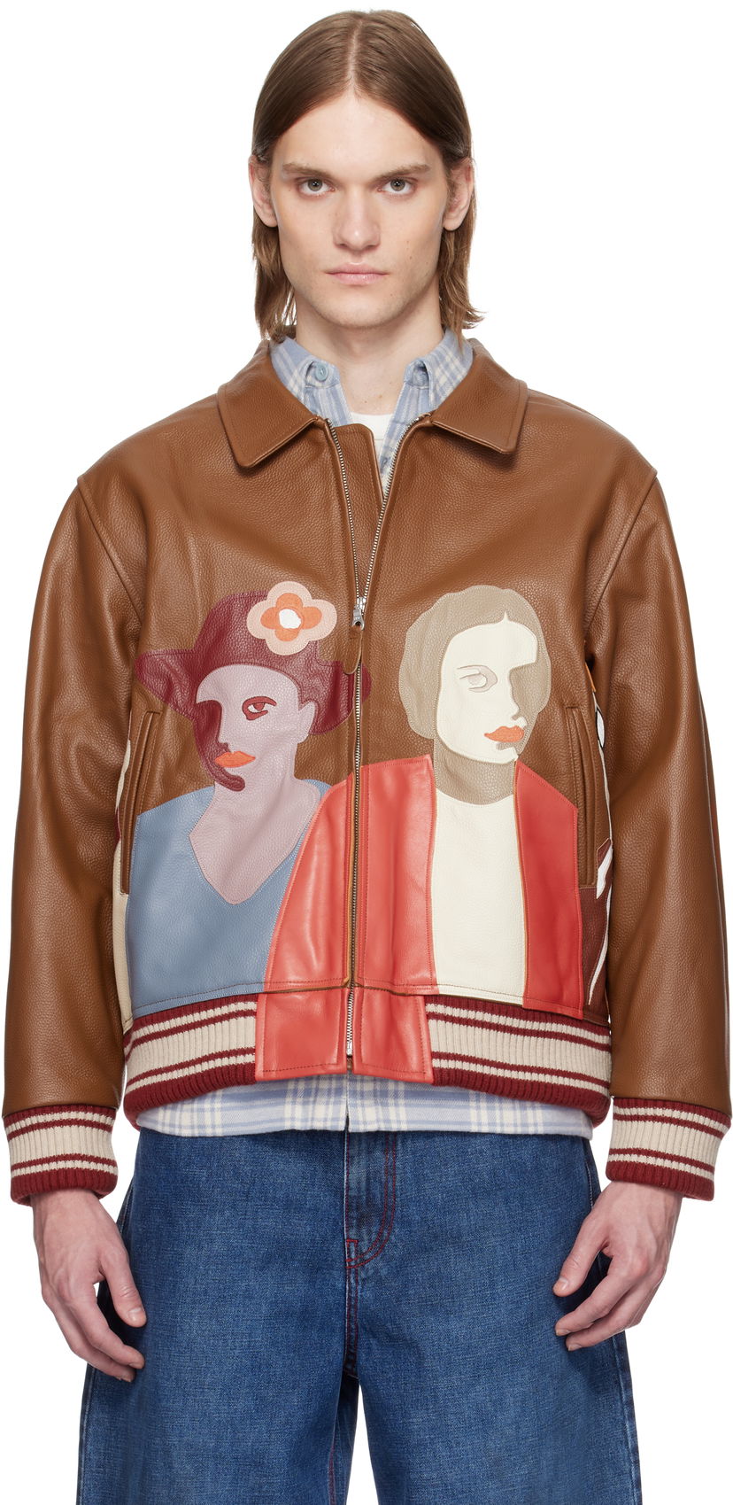 Bomberjacka KidSuper KidSuper Patchwork Portraits Leather Varsity Jacket Brun | SS25-OW-03