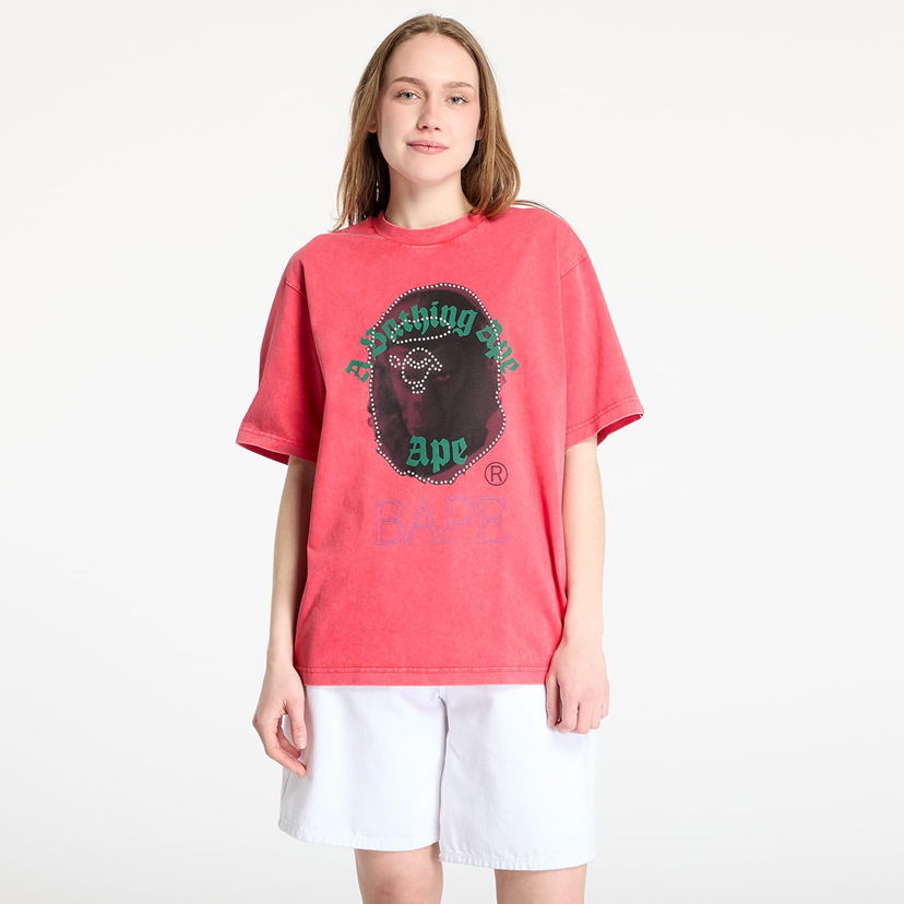 T-shirt BAPE A BATHING APE Garment Dye Rhinestone Ape Head Relaxed Fit Tee Rosa | 001CSL301309MRED