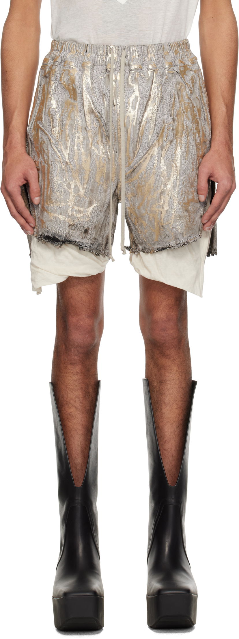 Shorts Rick Owens Rick Owens Hollywood Boxers Cracked Metallic Drawstring Shorts Metallisk | RR01E5306 SGMC