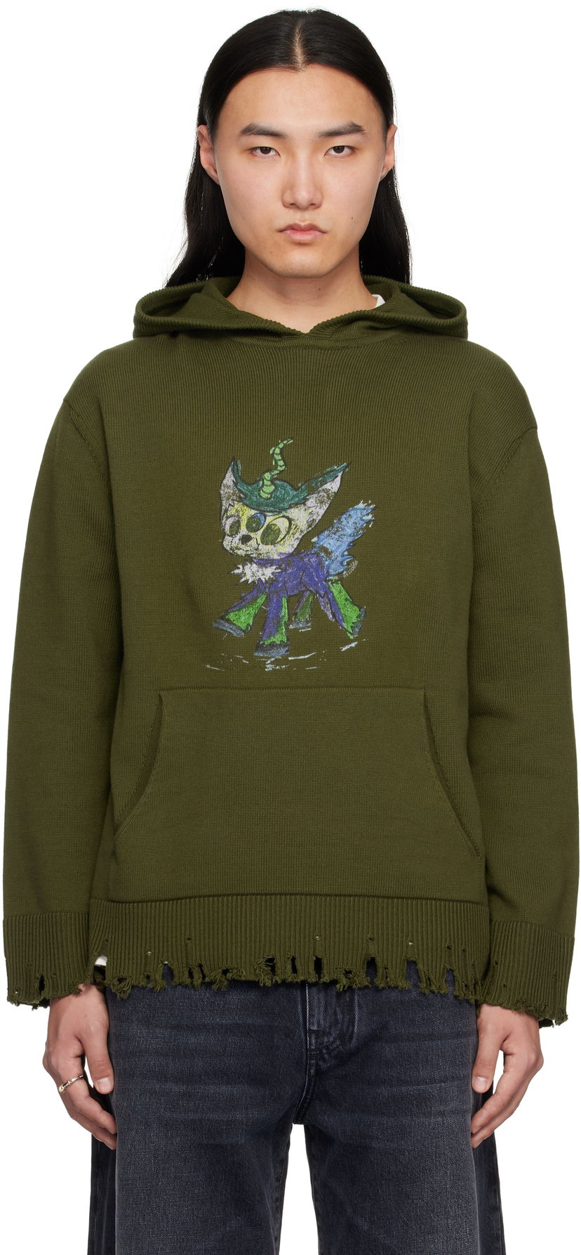 Sweatshirt We11done We11done Grunge Monster Pony Knit Hoodie Grön | WD-KT0-25-659-U-KK