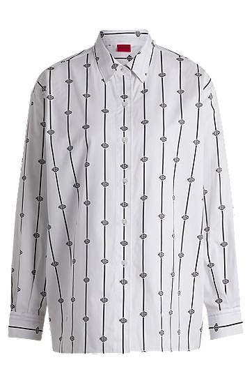 Skjorta BOSS Oversized Logo-Stripe Cotton Poplin Blouse Vit | 50538451