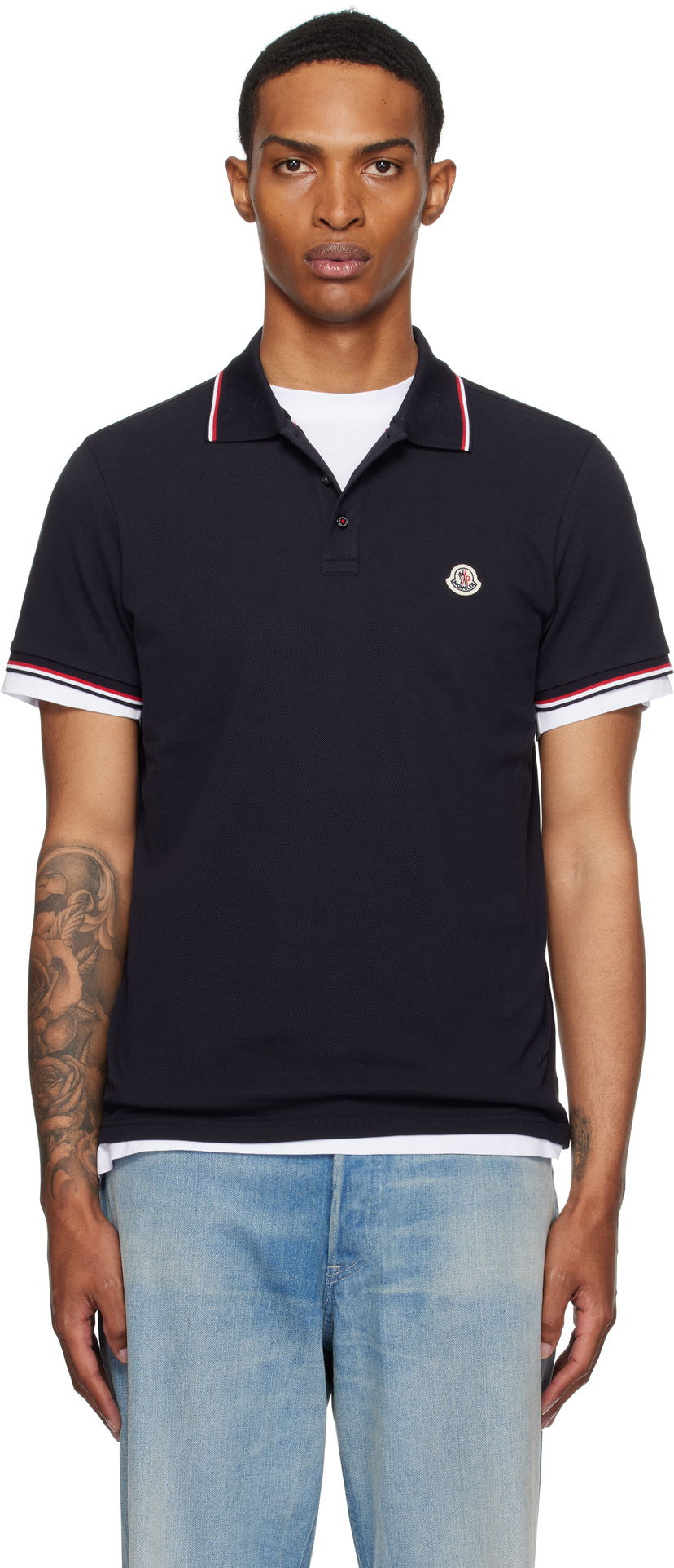 Polotröja Moncler Moncler Tricolor-Trimmed Cotton Piquet Polo Mörkblå | K20918A7030084556