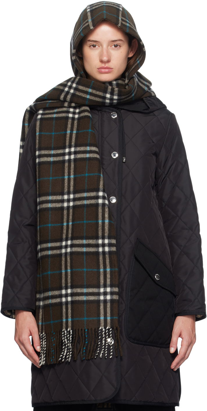 Halsduk Burberry Brown Check Cashmere Hooded Scarf Svart | 8097493