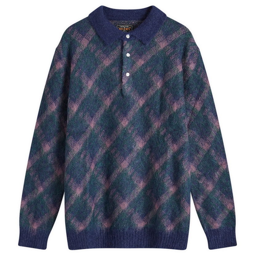 Sweater BEAMS Long Sleeve Jacquard Knit Polo Shirt Blå | 3812-0028-156-79