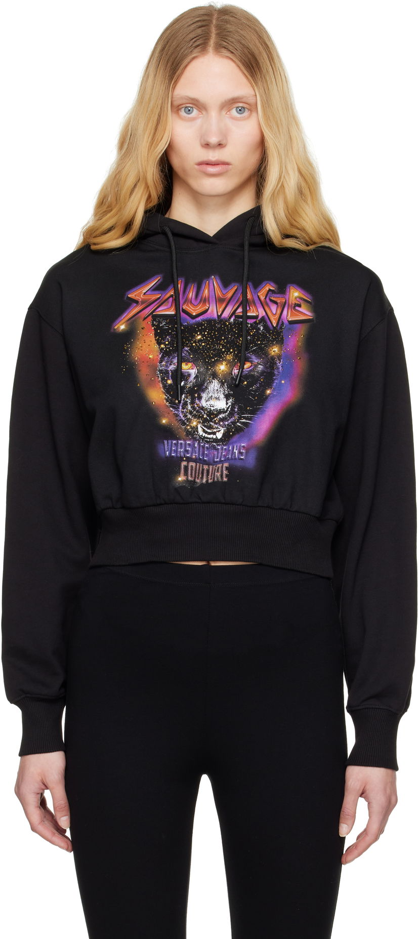 Sweatshirt Versace Versace Jeans Couture Savage Print Cropped Hoodie Svart | E78HAIC04_ECF00C
