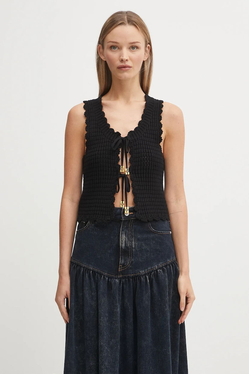 Väst GANNI GANNI Cotton Textured Lace Tie-Front Vest Svart | K2541