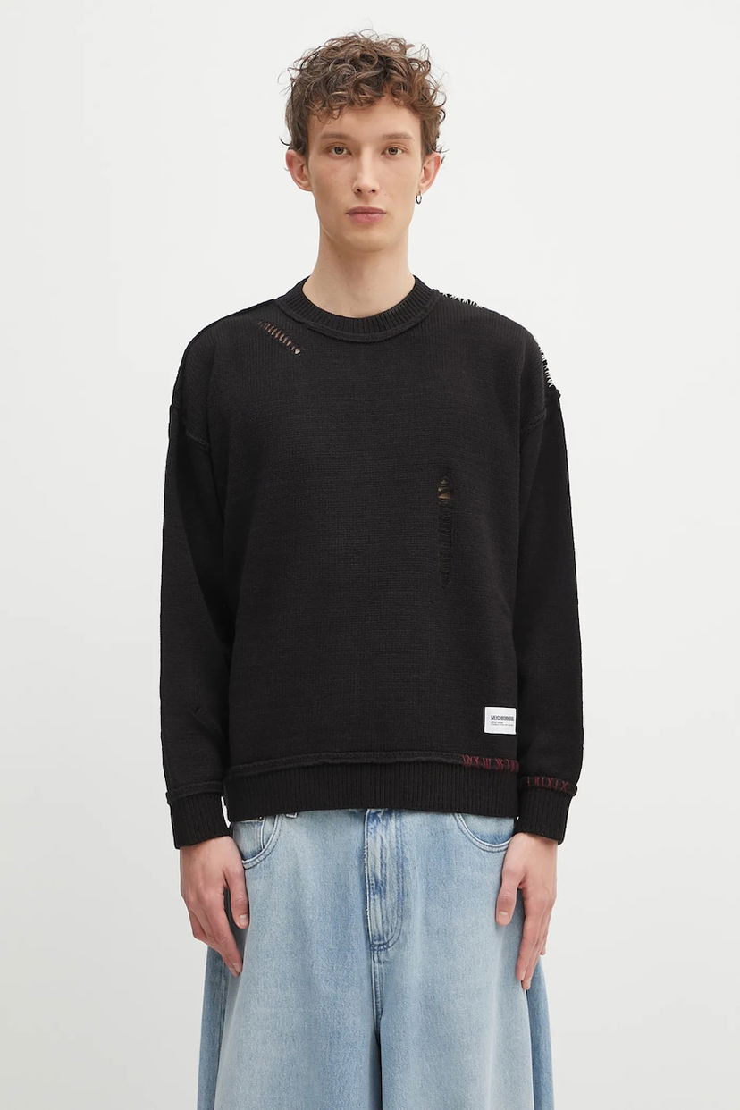 Sweater Neighborhood NEIGHBORHOOD Savage Crewneck Distressed Sweater Svart | 242FUNH.KNM01