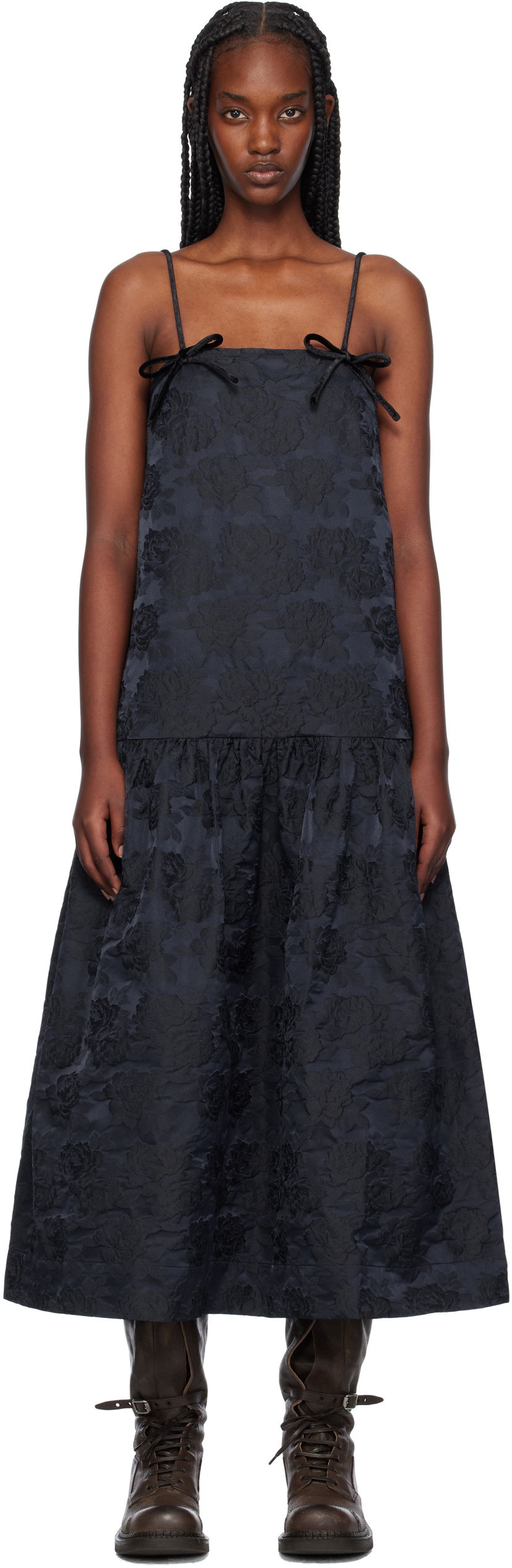 Klä GANNI Botanical Jacquard Strap Midi Dress Svart | F9705