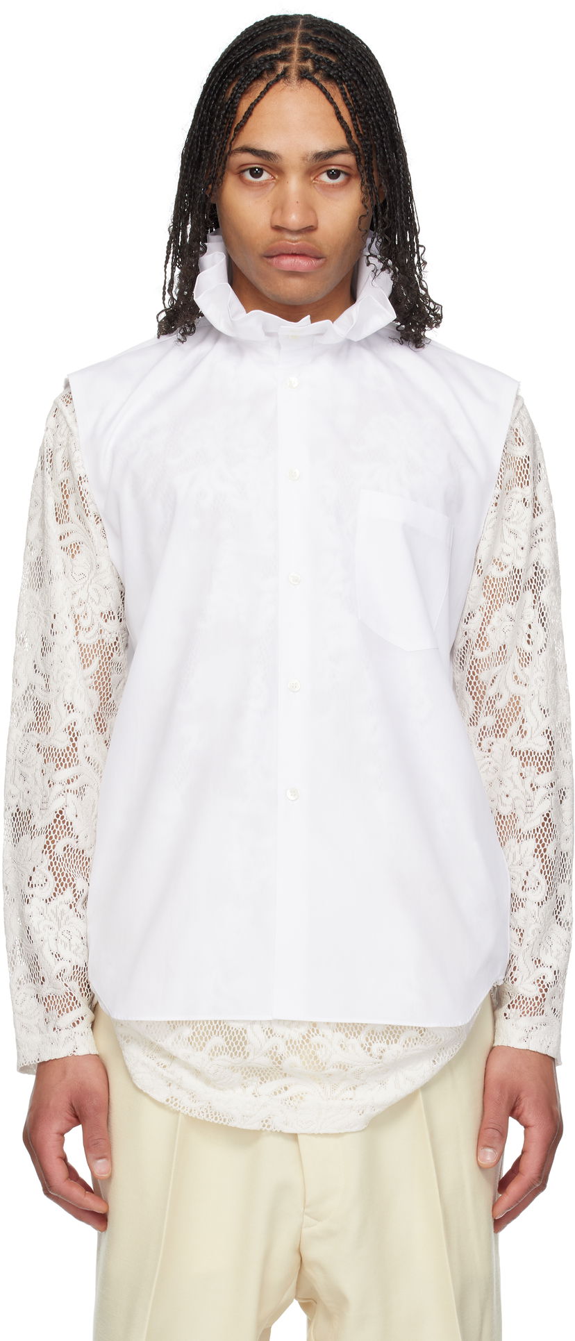 Skjorta Comme des Garçons Comme des Garçons Homme Plus Cotton Sleeveless Shirt with Lace Sleeves Vit | PO-B029-051