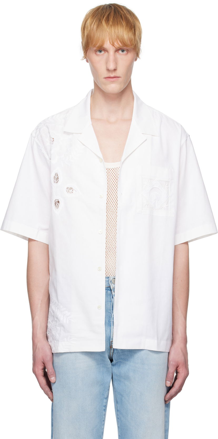 Skjorta Marine Serre Marine Serre Regenerated Linen Bowling Shirt Vit | USI016A UWOV0007