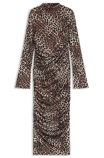 Klä BOSS Leopard Print Gathered Midi Dress Brun | 50546239