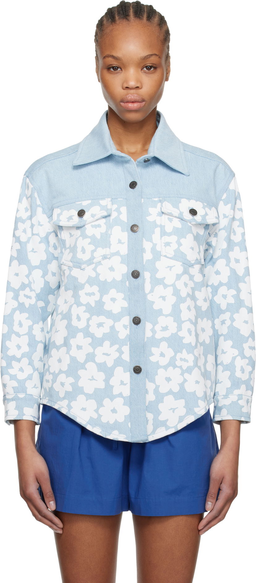 Skjorta MSGM MSGM Floral-Print Denim Shirt Blå | 3841MDE231 257272