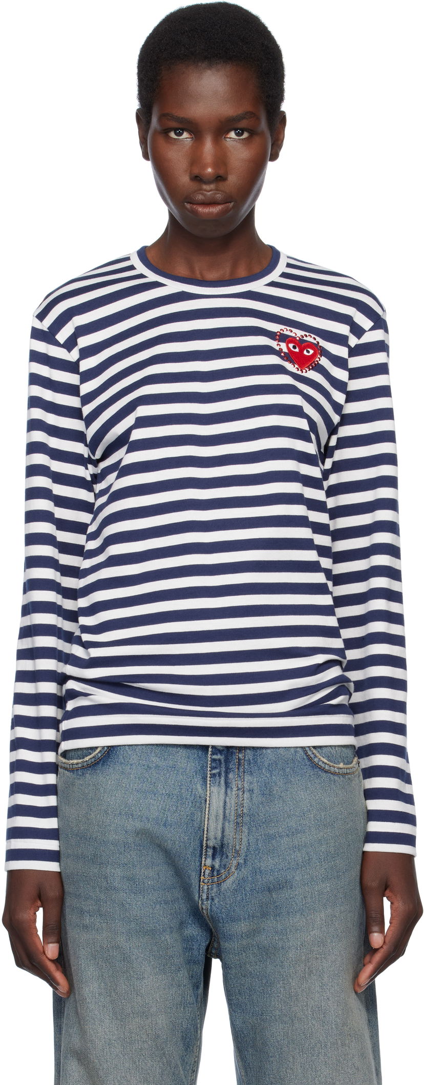 Sweater Comme des Garçons COMME des GARÇONS PLAY Striped Long Sleeve T-Shirt with Red Heart Emblem Mörkblå | AX-T806-051