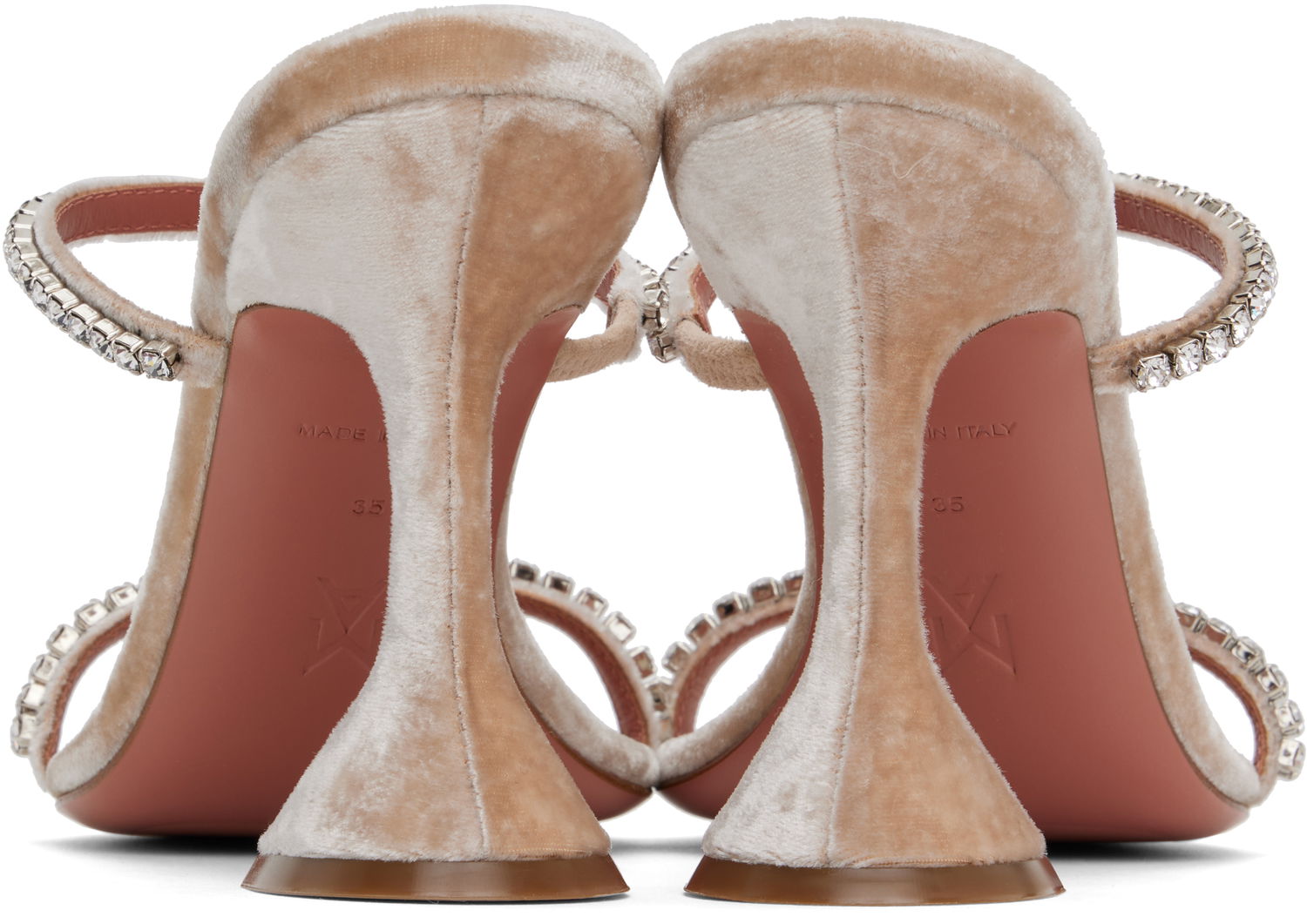 Tillbehör Amina Muaddi Amina Muaddi Gilda Crystal-Embellished Velvet Heeled Sandals Beige | GILDA SLIPPER VELVET, 1
