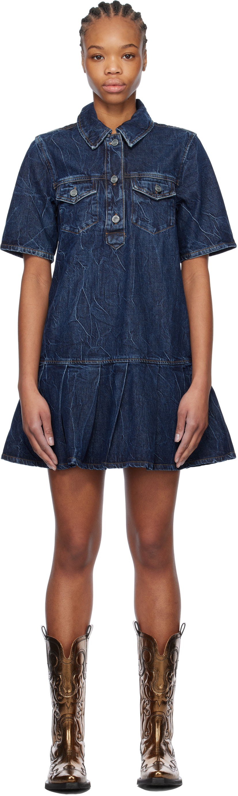 Klä GANNI Ganni Crinkled Future Denim Mini Dress Blå | J1594