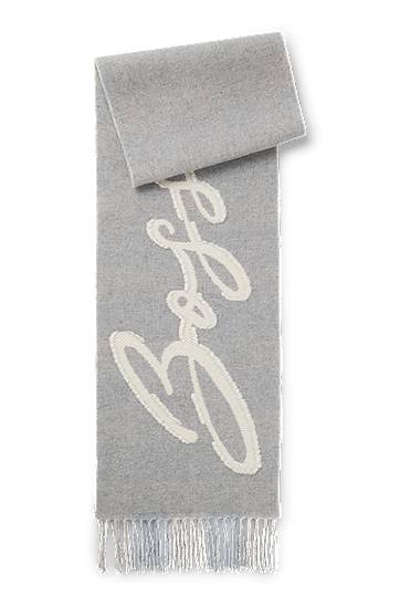Halsduk BOSS Wool-blend Scarf with Script Logo and Fringes Grå | 50558654, 0