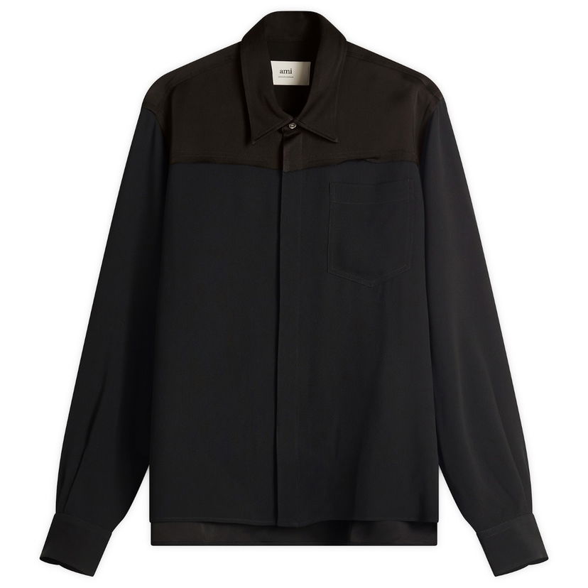 Skjorta AMI AMI Paris Mixed Material Long Sleeves Shirt Svart | HSH020-AC0014-001