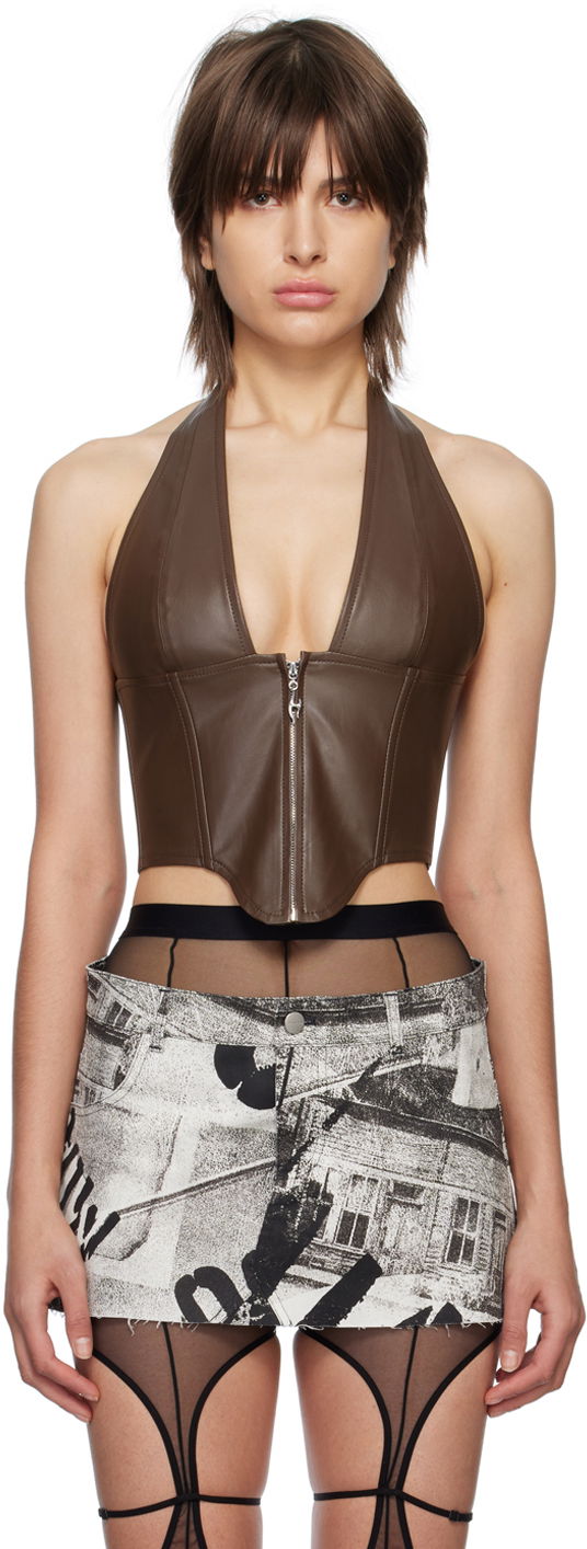 Linne Miaou Miaou Hannah Jewett Edition Mara Faux-Leather Halter Top Brun | 7087VLBRN