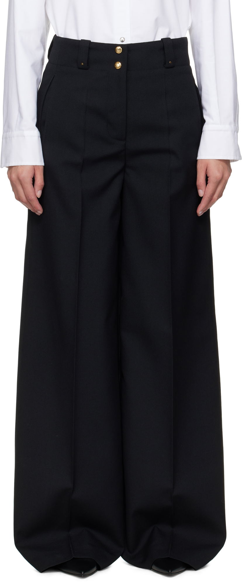Byxor Moncler Moncler Wool Wide-Leg Trousers Svart | K20932A00007597SZ