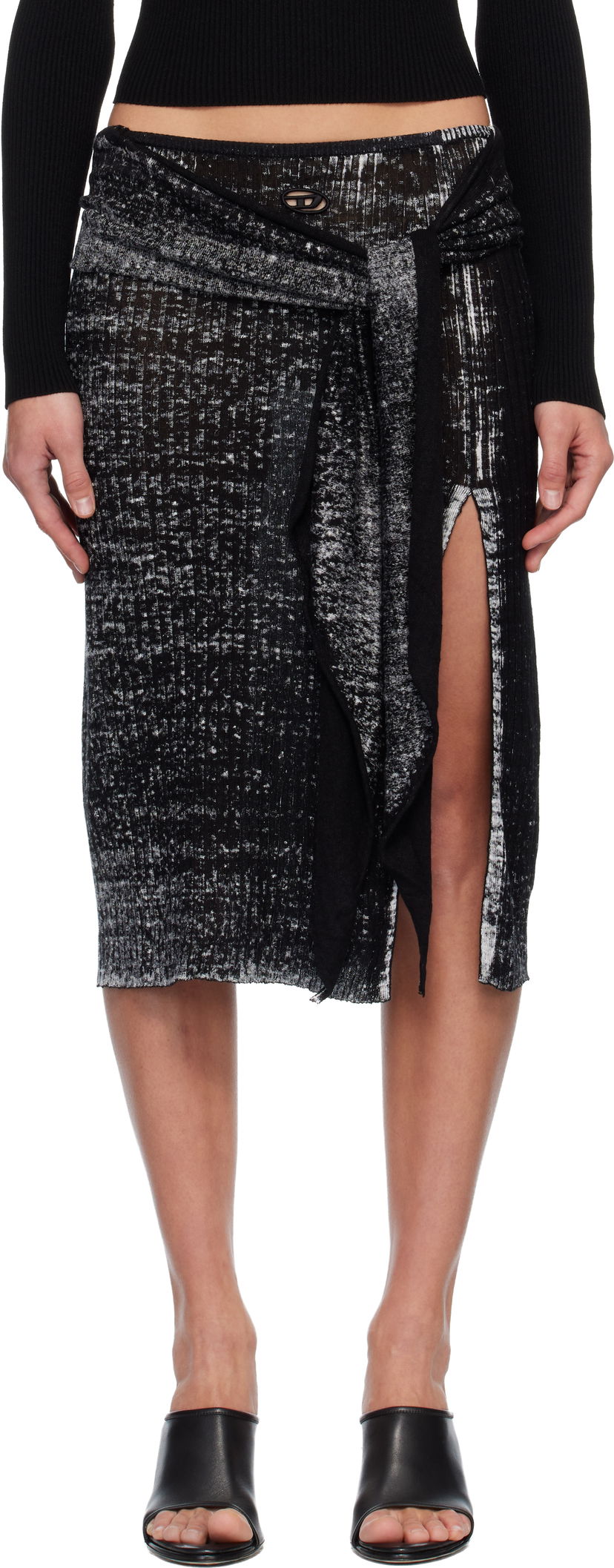 Kjol Diesel M-Eganoid Marled Ribbed Draped Slit Midi Skirt Svart | A18865 0BJBR