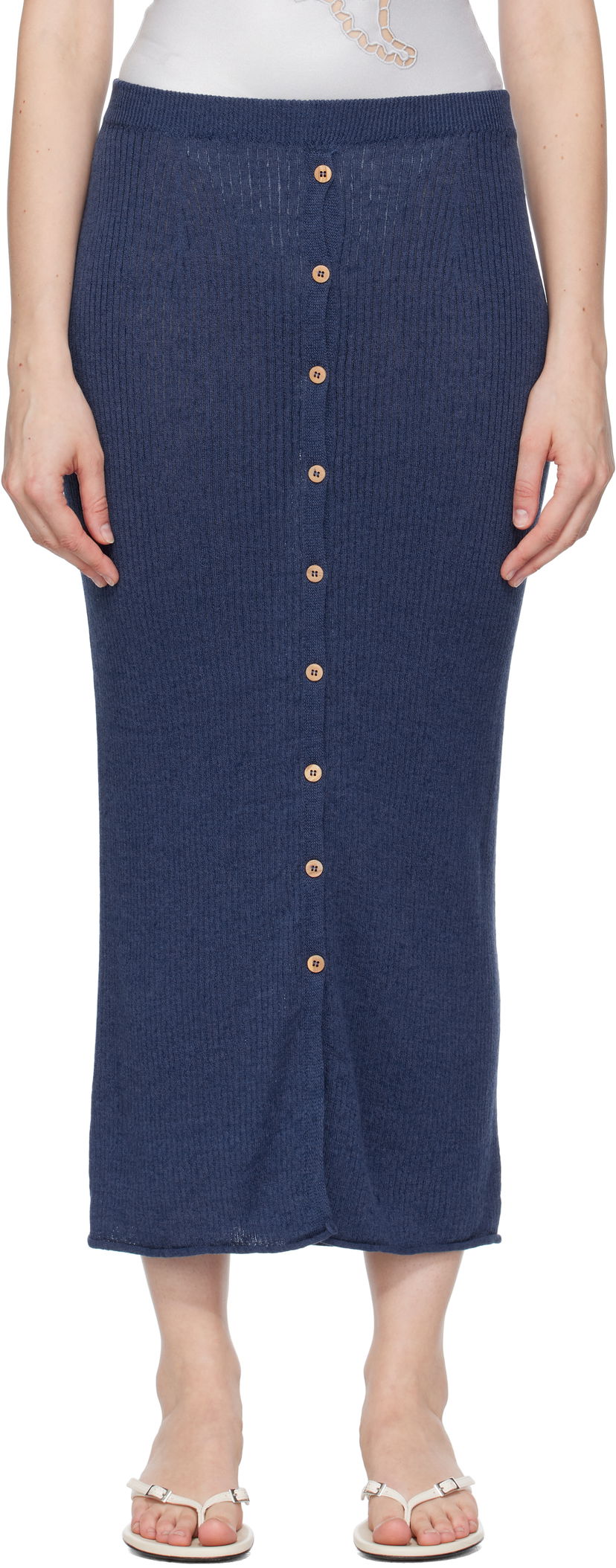 Kjol Baserange Baserange Ribbed Knit Midi Skirt with Button Closure Mörkblå | SKDR-LI-SU25