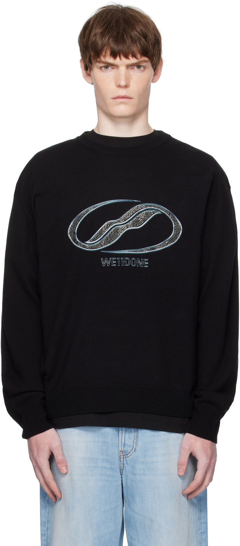 Sweater We11done We11done Logo Rhinestone Knit Pullover Svart | WD-KO2-25-652-U-BK