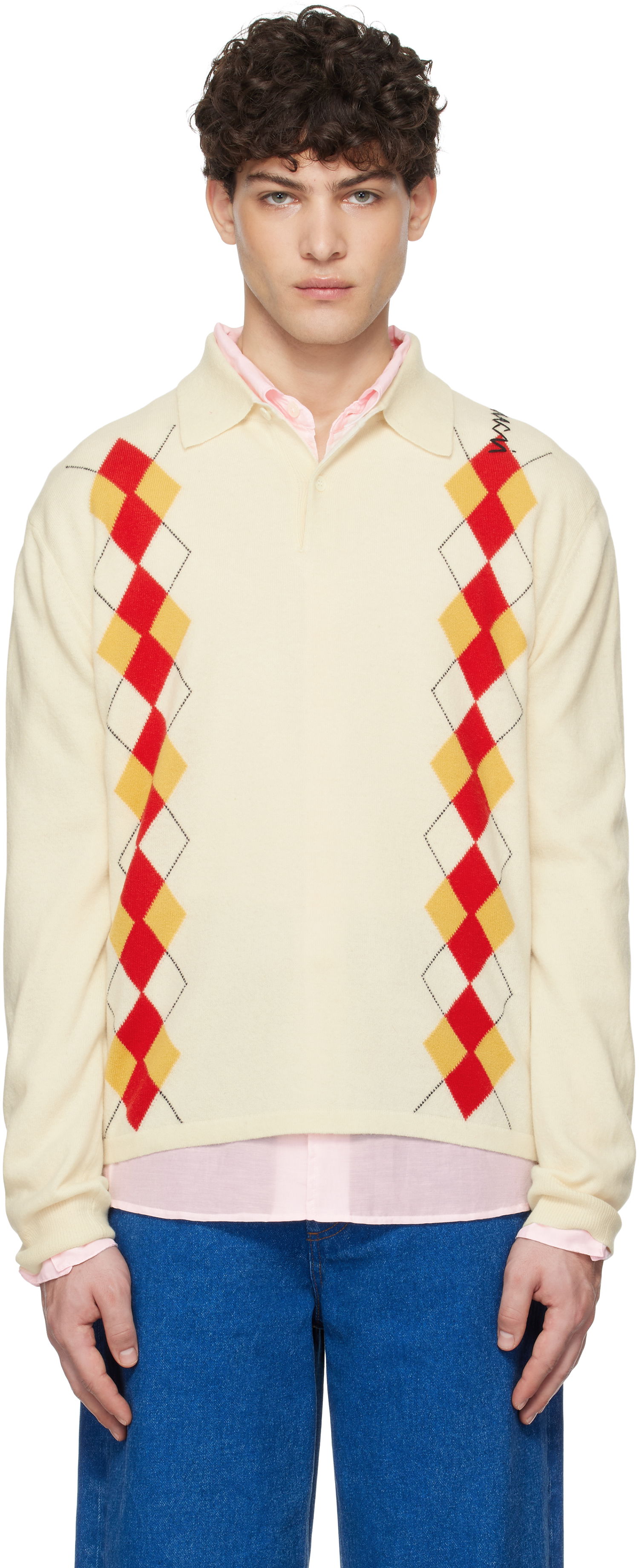 Sweater Marni Marni Argyle Detail Knit Polo Shirt Beige | POMG0072Q2 UFH546, 0
