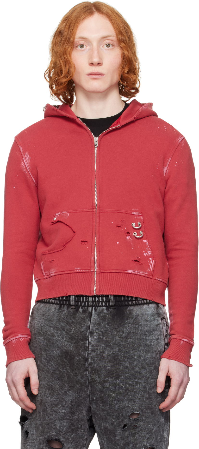 Sweatshirt We11done We11done Pierced Zip-Up Hoodie Röd | WD-TJ0-25-821-U-RD