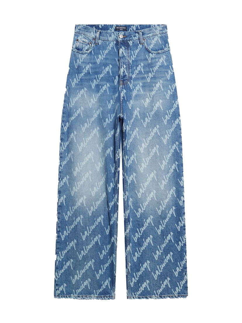 Byxor Balenciaga All Over Logo Large Fit Denim Trousers Blå | 675230TJW904200