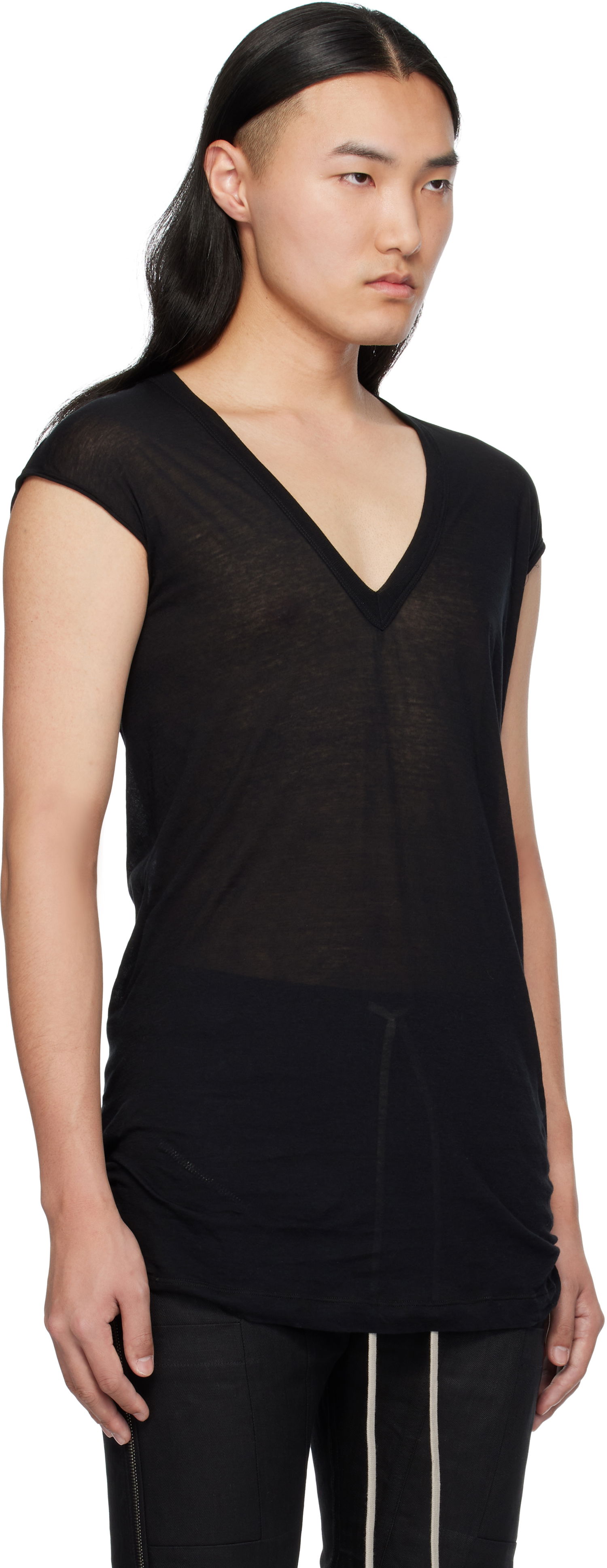 Linne Rick Owens Rick Owens Hollywood Deep V SL T-Shirt Svart | RU01E5233 UC, 1