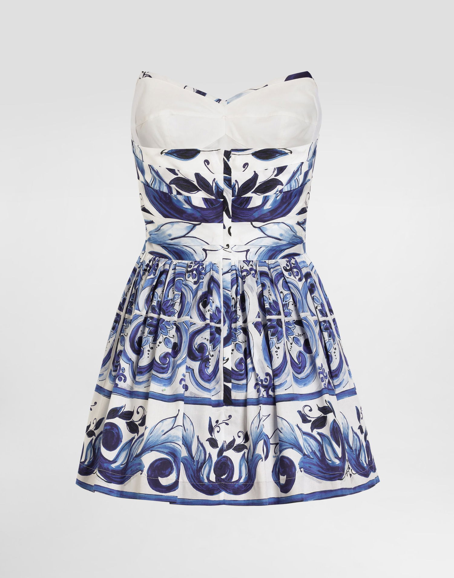 Klä Dolce & Gabbana DG EXCLUSIVE Majolica-print Cotton Satin Strapless Pleated Mini Dress Flerfärgad | I6KI3WHS5T1HY3TN, 1