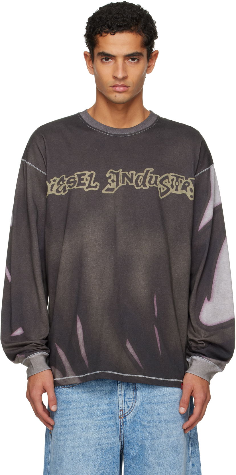 T-shirt Diesel VESEL Industry Graphic Faded Long-Sleeve Crewneck T-shirt Grå | A21854-0BKBY-98BA