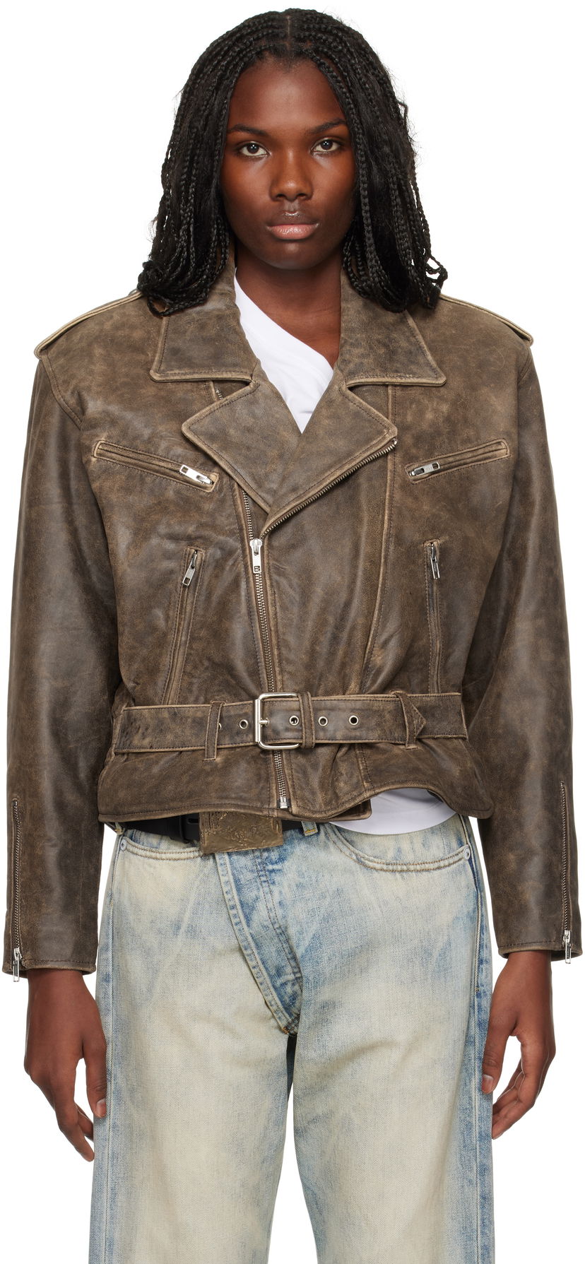 Jacka R13 R13 Exaggerated Shoulder Leather Motorcycle Jacket Brun | R13WR323-R434A