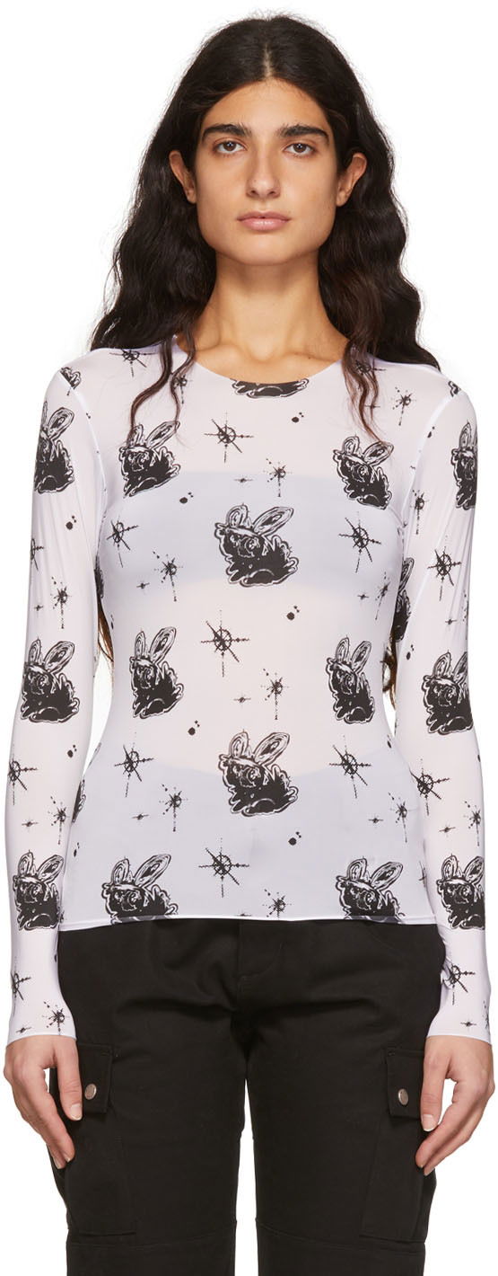 T-shirt We11done We11done Semi-Sheer Long Sleeve T-Shirt with Bunny Print Vit | WD-TT1-22-577-W-WH