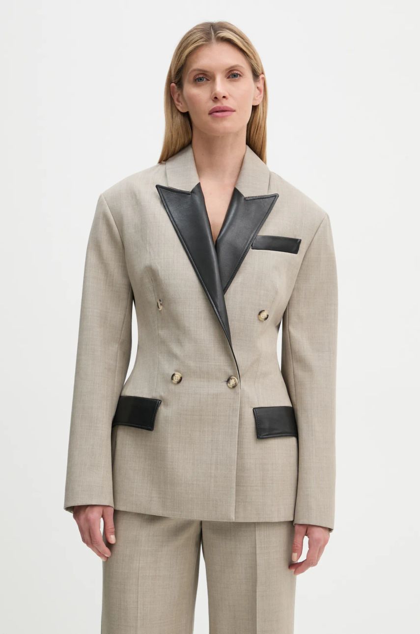 Jacka Nanushka Double Breasted Blazer with Faux Leather Trim Beige | NW24FWJK36770, 0