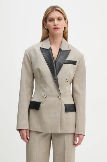 Jacka Nanushka Double Breasted Blazer with Faux Leather Trim Beige | NW24FWJK36770, 0