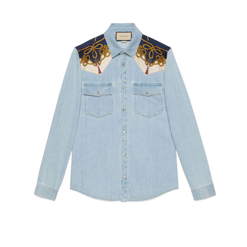 Skjorta Gucci Chain Print Panelled Shirt Light Blue Blå | 692271 XDBYI 4452