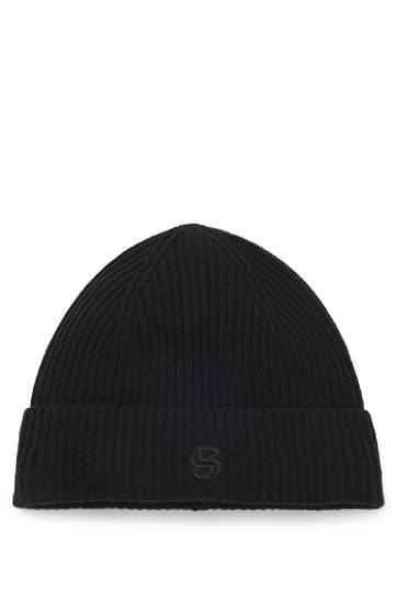 Mössa BOSS Wool-cashmere ribbed beanie hat with Double B monogram Svart | 50557673, 0