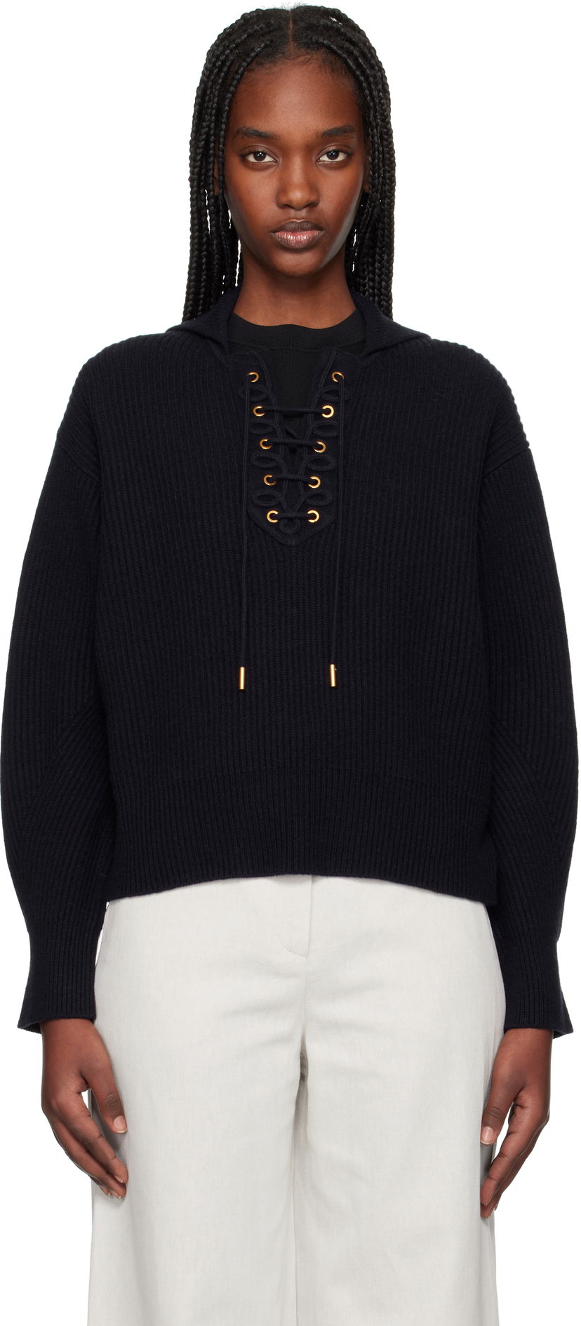 Sweater Max Mara Max Mara Eccelso Lace-Up Ribbed Knit Hoodie Mörkblå | 2511361161600