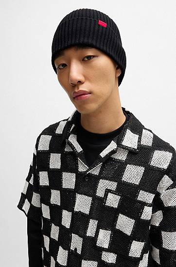 Mössa BOSS Virgin-Wool Ribbed Beanie with Logo Label Svart | 50524570, 1