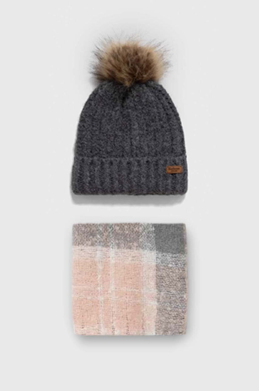 Mössa Barbour Knitted Pom-Pom Beanie Hat and Scarf Set Grå | LGS0077