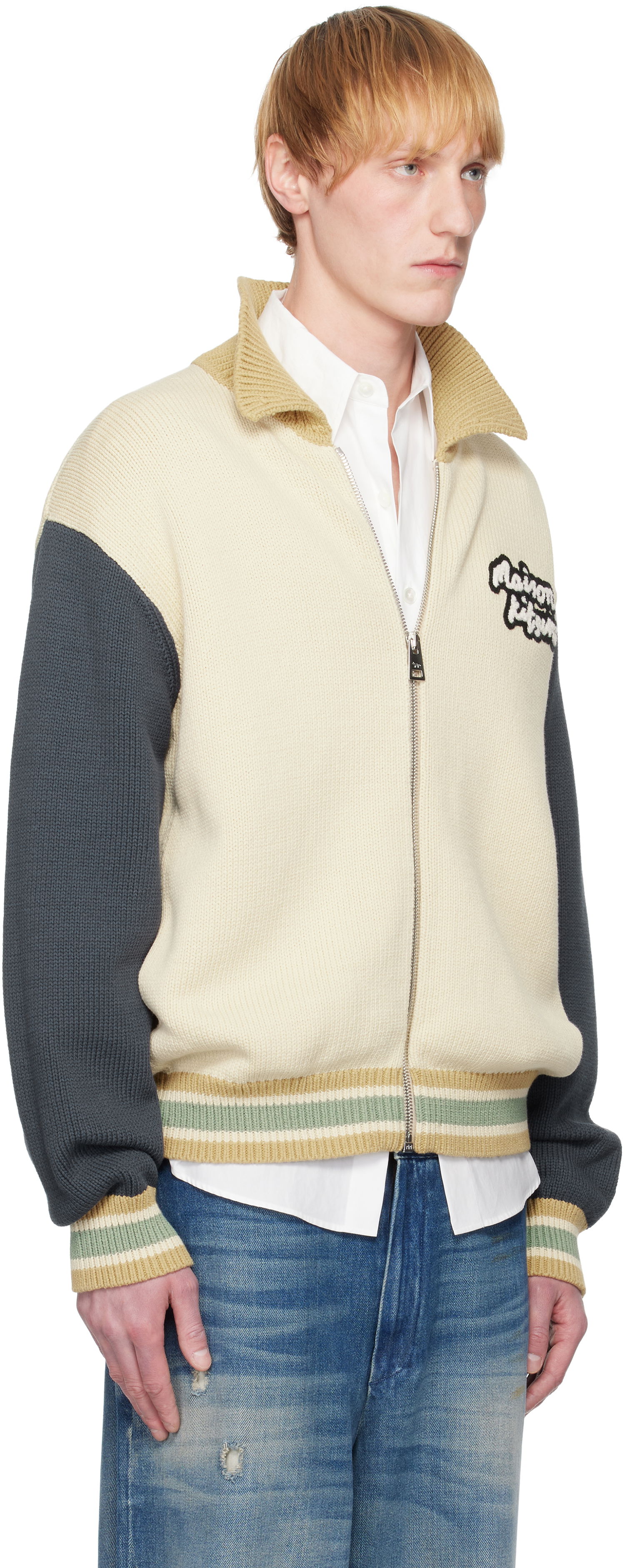 Sweater MAISON KITSUNÉ Maison Kitsuné Knitted College Bomber Jacket Beige | OM02131KT1139, 1