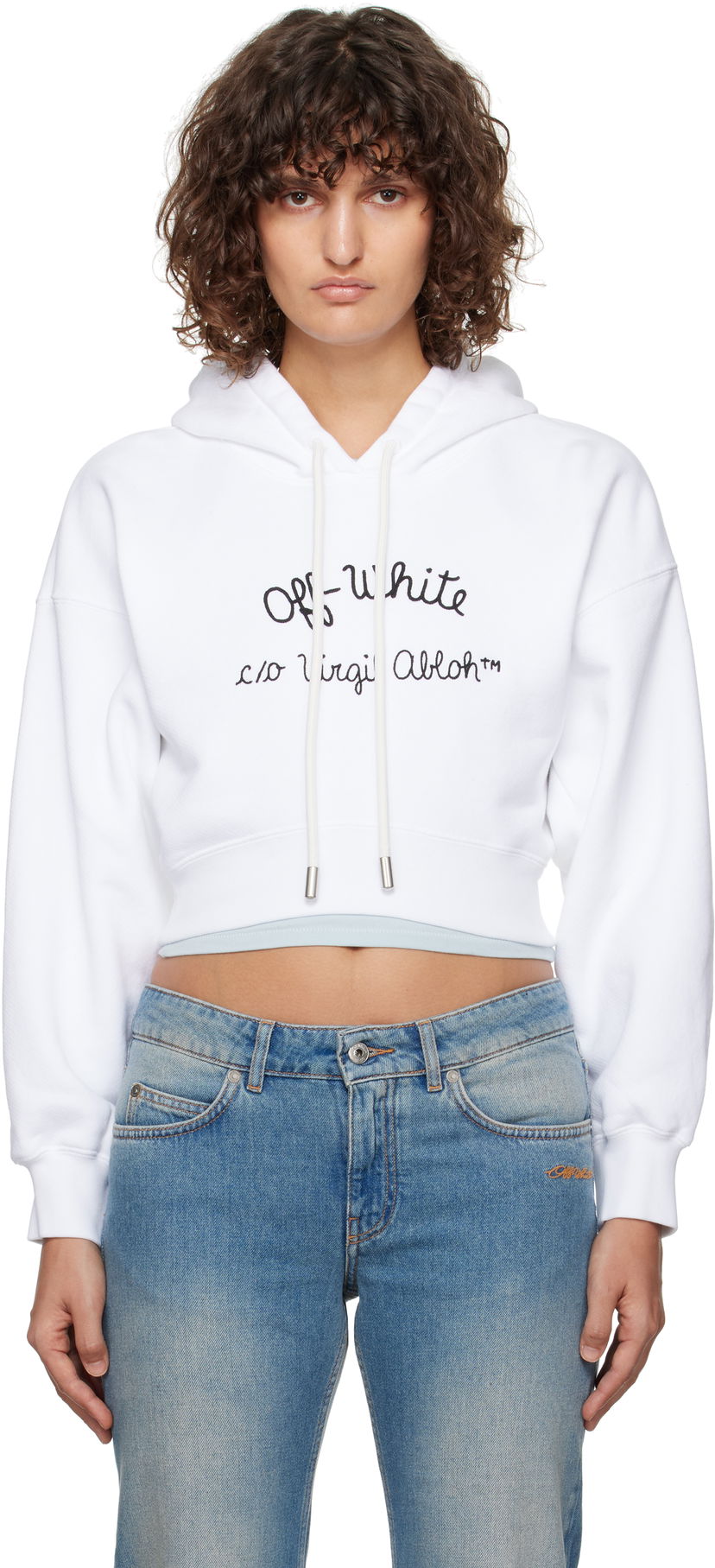 Sweatshirt Off-White Embroidered Script Logo Cropped Hoodie Vit | OWBB056F24FLE0030110