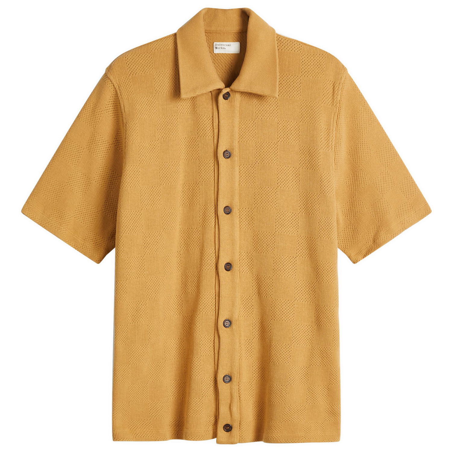Skjorta Universal Works Universal Works Checkerboard Button Through Polo Shirt, Size Large Gul | 32415-SND, 1