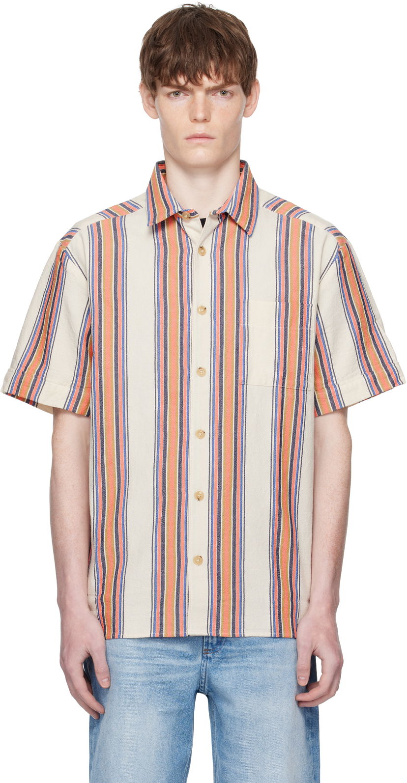 Skjorta A.P.C. A.P.C. Ross Striped Linen Short-Sleeve Button-Down Shirt Flerfärgad | COHIA-H12541