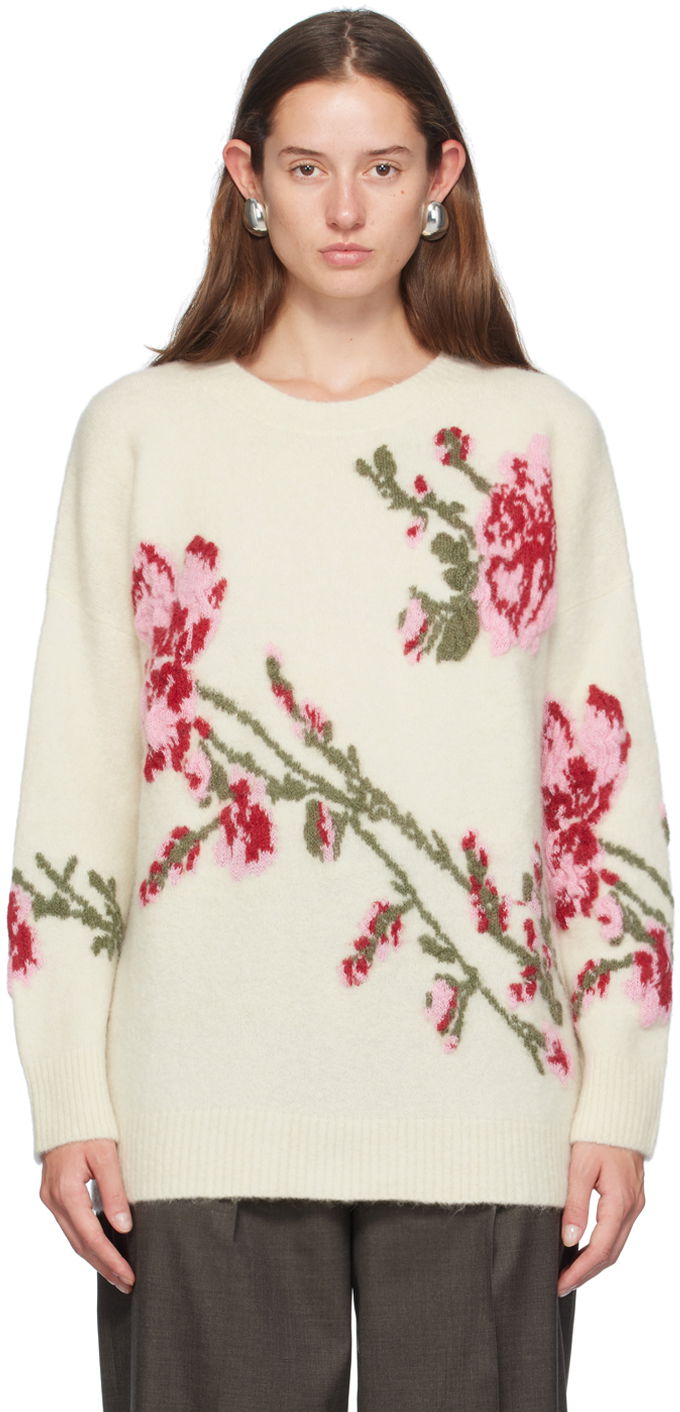 Sweater Blumarine Blumarine Jacquard Rose Crewneck Sweater Vit | A422M490A